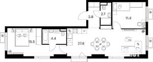 2-к квартира, вторичка, 66м2, 15/15 этаж