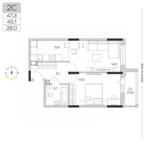 1-к квартира, строящийся дом, 45м2, 9/9 этаж