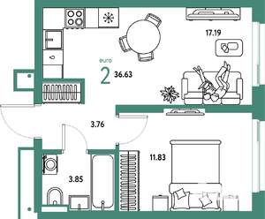2-к квартира, строящийся дом, 37м2, 14/25 этаж