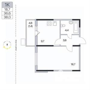 1-к квартира, вторичка, 38м2, 4/9 этаж