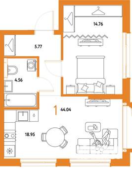1-к квартира, строящийся дом, 44м2, 11/25 этаж
