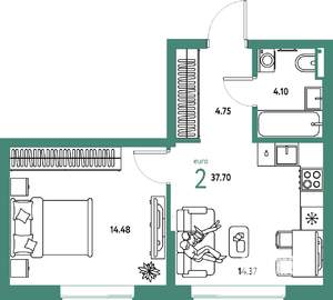 2-к квартира, строящийся дом, 38м2, 6/25 этаж