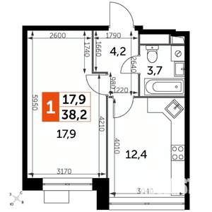 1-к квартира, вторичка, 38м2, 10/12 этаж