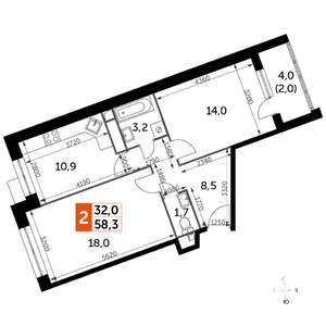 2-к квартира, строящийся дом, 58м2, 8/22 этаж