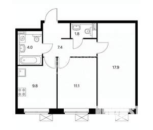 2-к квартира, вторичка, 52м2, 1/22 этаж