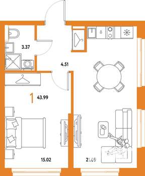 1-к квартира, строящийся дом, 44м2, 25/25 этаж