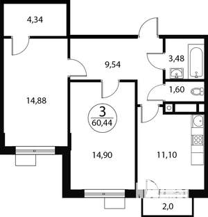 2-к квартира, вторичка, 60м2, 3/4 этаж