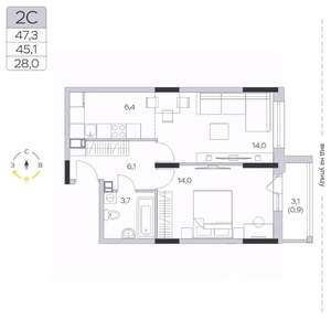 1-к квартира, строящийся дом, 45м2, 8/9 этаж