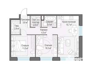2-к квартира, строящийся дом, 58м2, 12/20 этаж