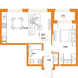 1-к квартира, строящийся дом, 50м2, 8/25 этаж