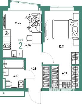 2-к квартира, строящийся дом, 36м2, 19/25 этаж