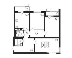 3-к квартира, строящийся дом, 89м2, 5/9 этаж