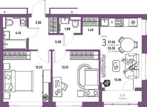 3-к квартира, строящийся дом, 58м2, 11/25 этаж
