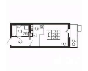 Студия квартира, вторичка, 28м2, 5/9 этаж