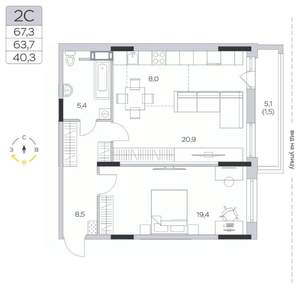 1-к квартира, строящийся дом, 64м2, 9/9 этаж