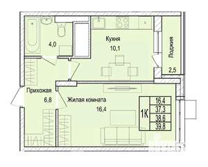1-к квартира, строящийся дом, 39м2, 2/25 этаж