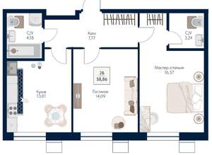 2-к квартира, вторичка, 59м2, 3/21 этаж