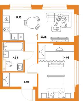 1-к квартира, строящийся дом, 44м2, 12/25 этаж