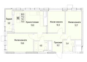 3-к квартира, строящийся дом, 73м2, 6/23 этаж