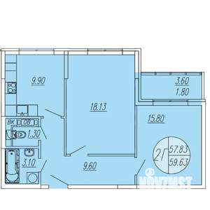 2-к квартира, строящийся дом, 60м2, 4/4 этаж