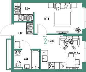 2-к квартира, строящийся дом, 35м2, 5/25 этаж
