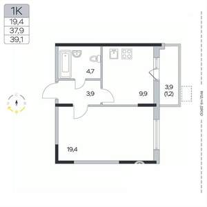 1-к квартира, вторичка, 39м2, 3/9 этаж