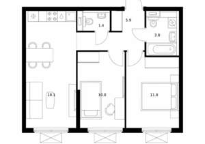 2-к квартира, вторичка, 52м2, 3/25 этаж