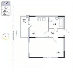 1-к квартира, вторичка, 38м2, 2/9 этаж