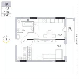 1-к квартира, вторичка, 42м2, 7/9 этаж