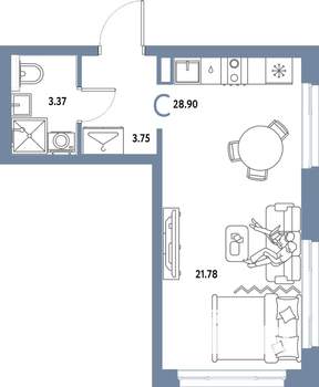 Студия квартира, строящийся дом, 29м2, 16/25 этаж