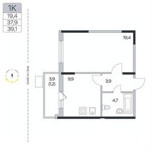 1-к квартира, вторичка, 39м2, 3/9 этаж