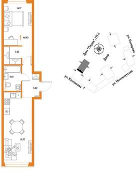 1-к квартира, вторичка, 47м2, 2/6 этаж