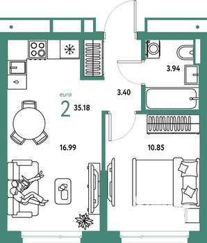 2-к квартира, строящийся дом, 35м2, 16/25 этаж