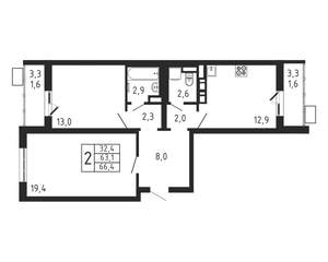 2-к квартира, строящийся дом, 66м2, 5/9 этаж