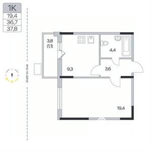 1-к квартира, вторичка, 38м2, 7/9 этаж