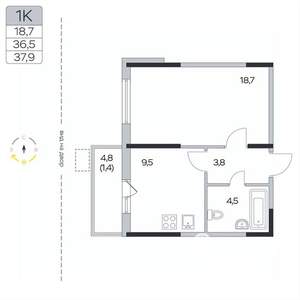 1-к квартира, вторичка, 38м2, 4/9 этаж