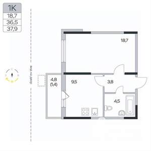 1-к квартира, вторичка, 38м2, 2/9 этаж