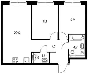 2-к квартира, вторичка, 55м2, 22/23 этаж