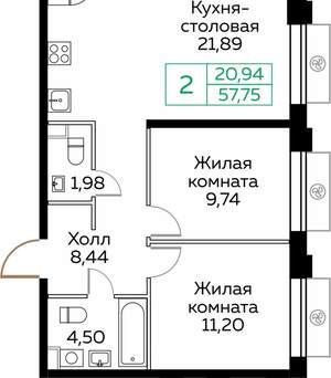 2-к квартира, вторичка, 58м2, 22/25 этаж