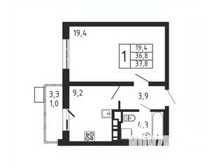 1-к квартира, вторичка, 38м2, 2/9 этаж