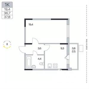 1-к квартира, вторичка, 38м2, 6/9 этаж