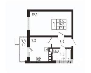 1-к квартира, вторичка, 38м2, 3/9 этаж