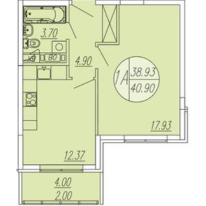1-к квартира, строящийся дом, 41м2, 1/4 этаж