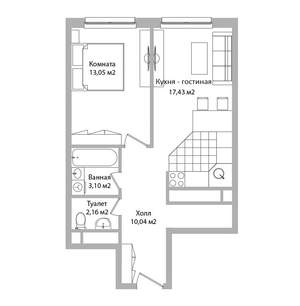 2-к квартира, строящийся дом, 46м2, 8/16 этаж