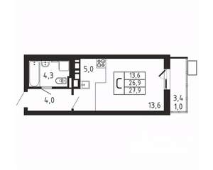 Студия квартира, вторичка, 28м2, 5/9 этаж