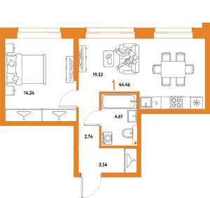 1-к квартира, строящийся дом, 44м2, 19/25 этаж
