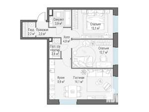 2-к квартира, строящийся дом, 65м2, 22/23 этаж