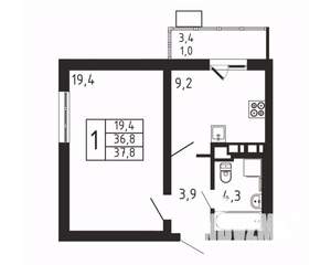 1-к квартира, вторичка, 38м2, 4/9 этаж