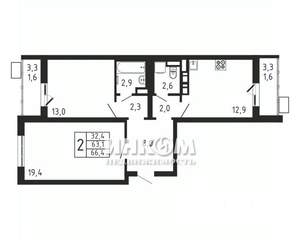 2-к квартира, вторичка, 66м2, 3/9 этаж