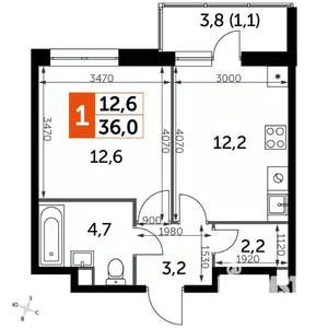 1-к квартира, вторичка, 36м2, 5/9 этаж